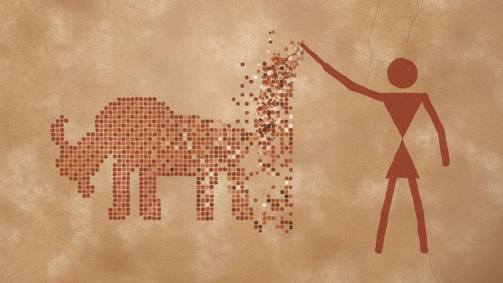 A red-ochre cave-painting figure with an hourglass body reaches a brush toward a sandstone wall; a stream of coloured static flows from the brush and settles into a pixelated bison, clean at the head and still noisy at the rump
