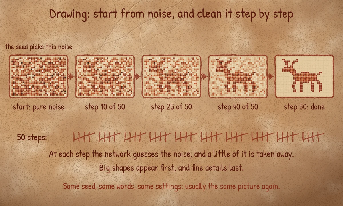 Diagram: five panels from pure noise to a finished deer, labelled start, step 10 of 50, step 25 of 50, step 40 of 50 and step 50, with a row of fifty tally marks beneath