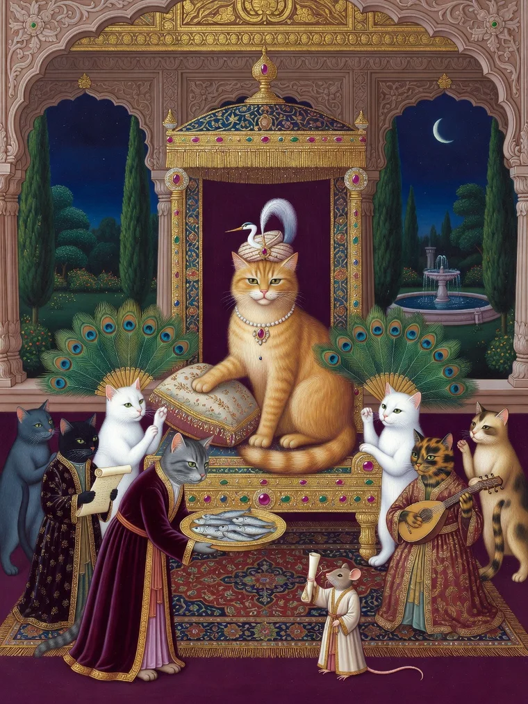 A fluffy ginger cat in a jewelled turban with a heron plume sits on a golden throne, while cat courtiers in robes bow with a platter of fish and a small mouse in a robe steps forward holding a petition