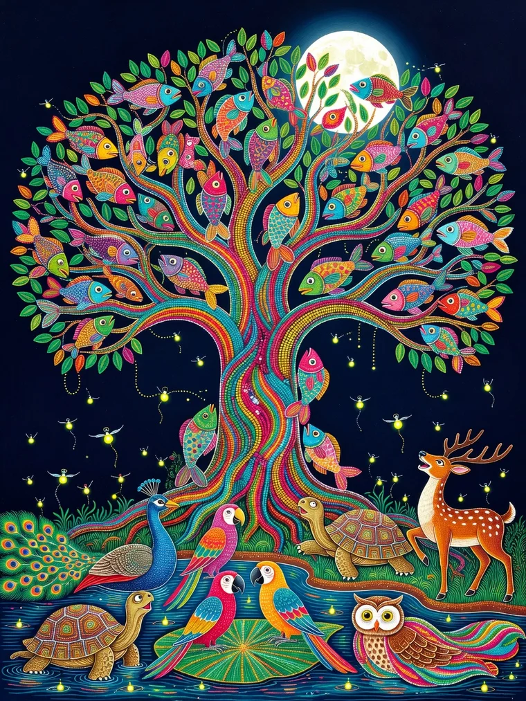 A great patterned tree on a midnight-blue ground full of bright fish climbing toward a full moon, while parrots float on a lily pad, an owl swims in the river, and a tortoise and a deer look on