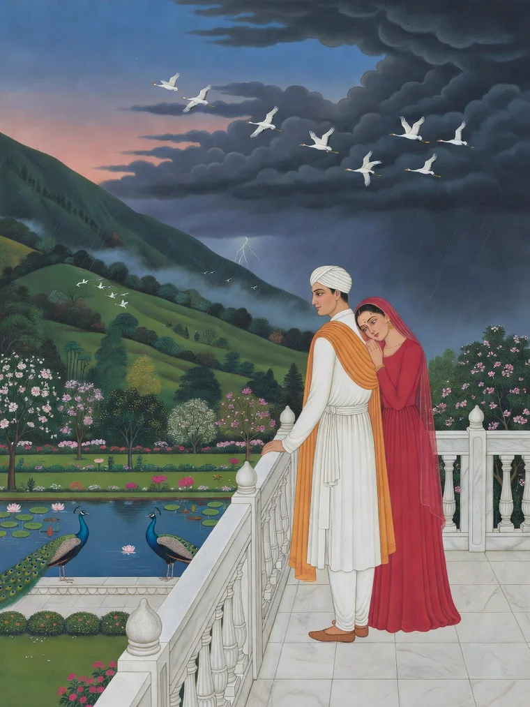 A grown couple stand close together on a white marble palace terrace at dusk, he in a white jama and turban with a saffron shawl, she in a long red dress and veil resting her head on his shoulder, as storm clouds and cranes pass over green hills