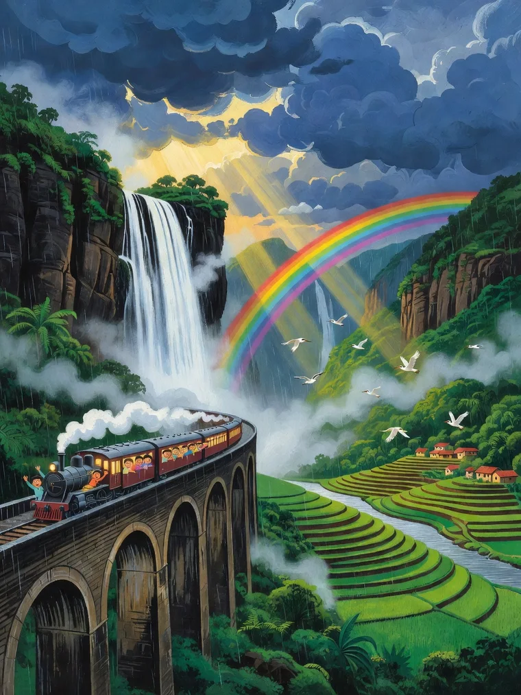A small steam train with maroon carriages crosses a tall curved stone viaduct beside a thundering waterfall in green monsoon mountains, with a rainbow, white egrets and rice terraces below