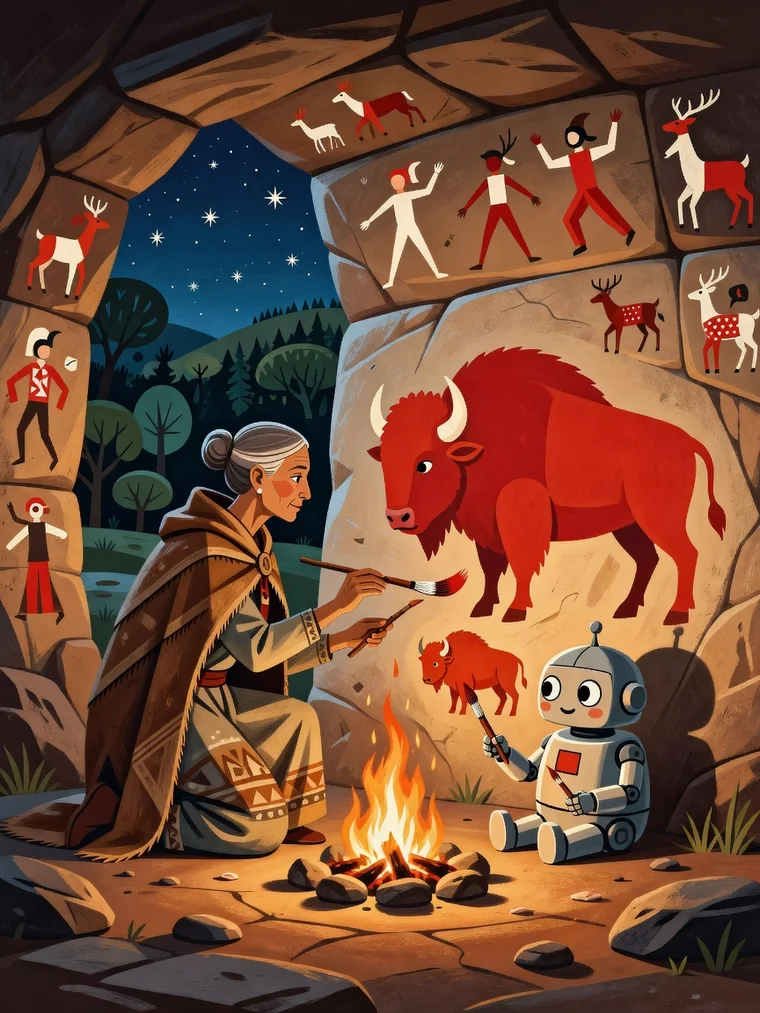 By firelight in a rock shelter, a grey-haired woman painter in a woven wrap and cloak paints a large red bison on the wall while a small round robot beside her copies it with its own brush