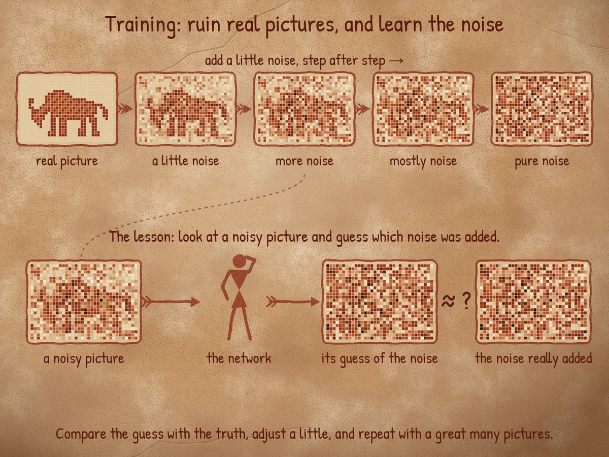 Diagram: a clean bison picture becomes noisier across five panels until it is pure noise; below, a noisy picture goes to a cave-style figure labelled the network, which produces its guess of the noise, compared with the noise really added