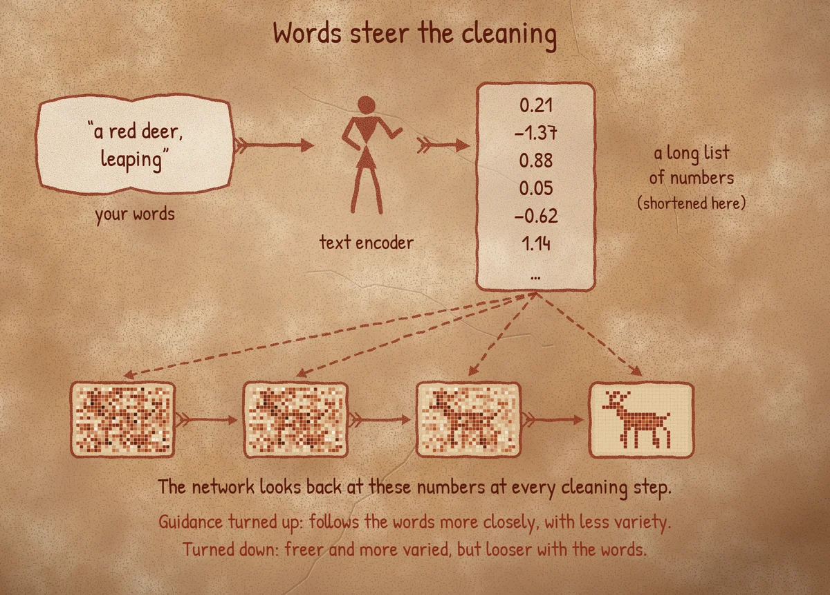 Diagram: the words “a red deer, leaping” go to a cave figure labelled text encoder, which produces a list of numbers; dashed arrows carry the numbers to each of four cleaning steps that end in a deer