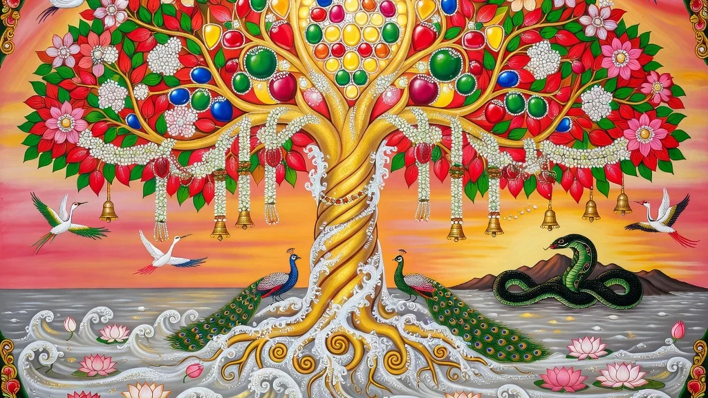 A golden tree with a twisting trunk rises from white, curling waves at dawn; its crown of red and green leaves is hung with jewel-like fruit, jasmine garlands and golden bells, with two peacocks at its roots and a great serpent beside a distant mountain