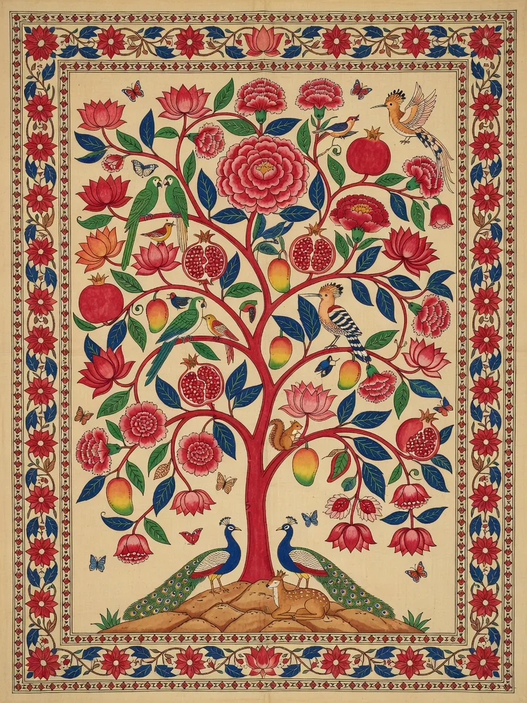 A painted cotton hanging of a red-trunked tree of life rising from a rocky hillock, its branches full of lotuses, pomegranates, mangoes, peony-like flowers, parrots and a hoopoe, with two peacocks and a resting deer at its foot, inside a red and blue floral border