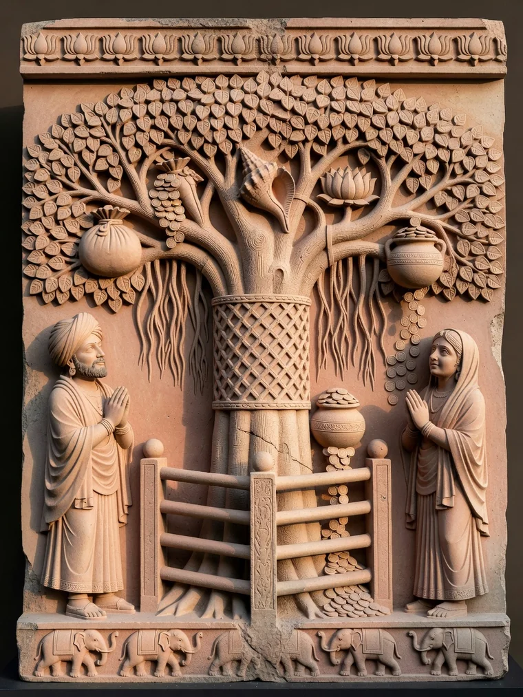 A weathered pink sandstone relief of a banyan tree inside a railing, its trunk wrapped in a lattice fence, hung with a purse of coins, a conch, a lotus and a pot spilling coins, with a turbaned man and a veiled woman standing on either side with joined palms