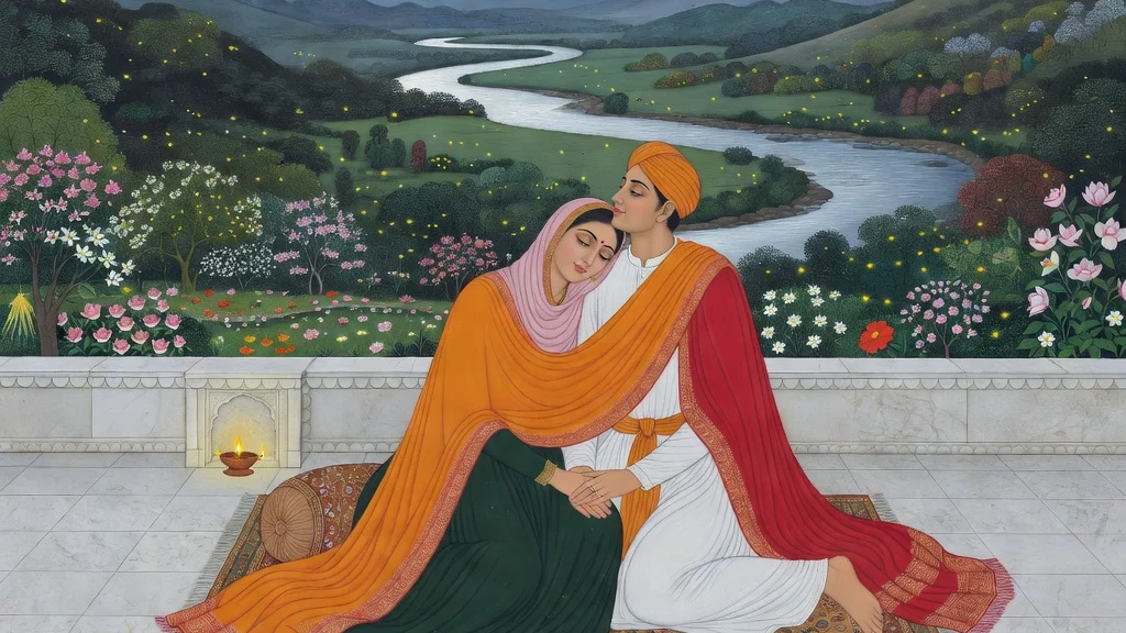 Two lovers sit close together on a white marble terrace at night, sharing one saffron and crimson shawl; her head rests on his shoulder and their hands are joined, with a river valley, flowering trees and fireflies behind them