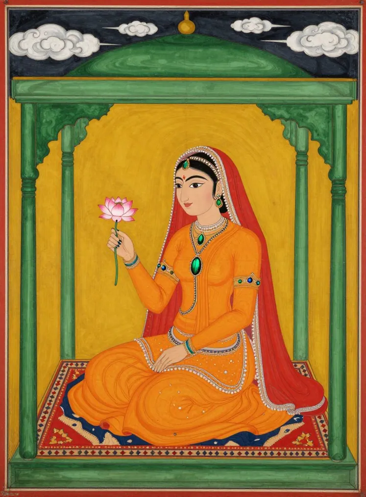 A noblewoman in an orange robe and red veil seated on a patterned carpet holding a lotus, against a flat mustard-yellow background, in the bold Basohli manner
