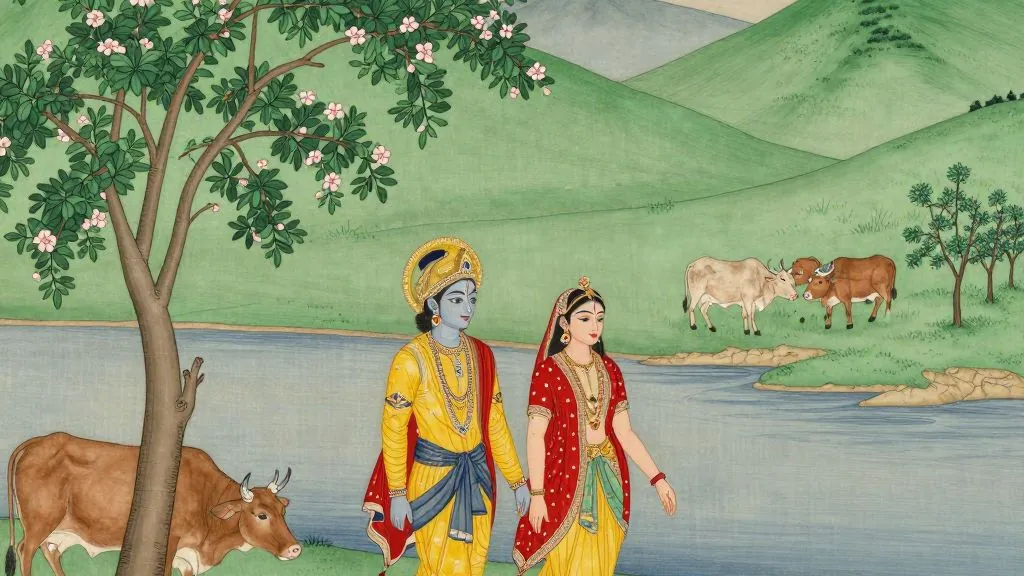 Radha and Krishna walking together beside a river under a flowering tree, cows grazing on green hills behind them, in the Kangra manner