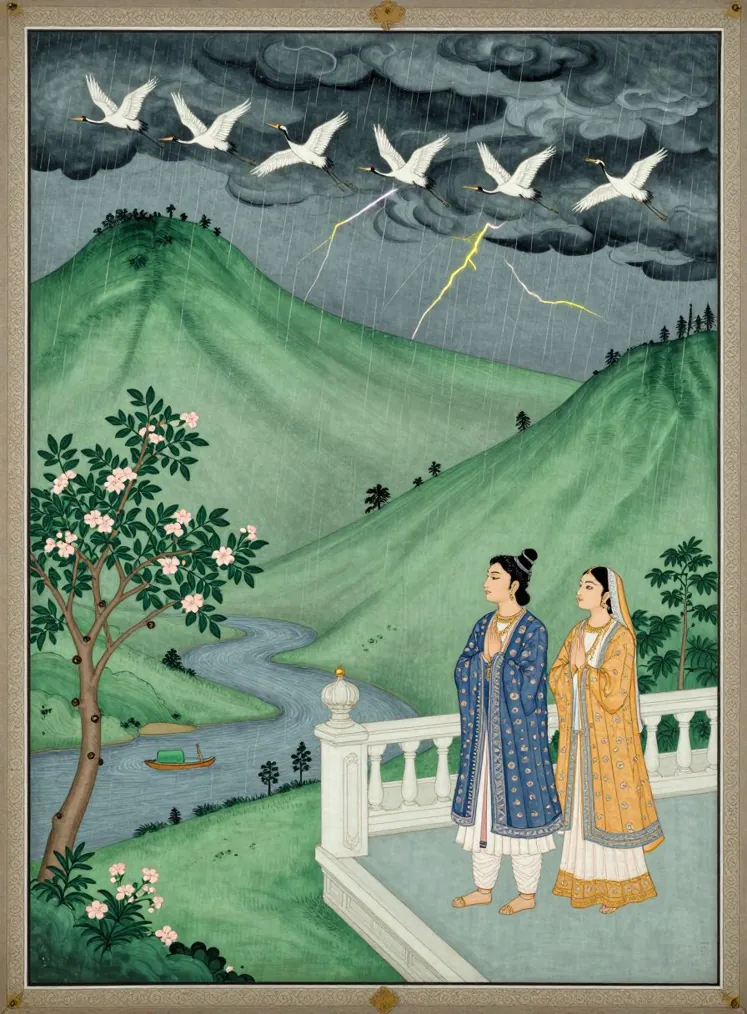 A couple in silks on a white palace terrace watching dark monsoon clouds, with white cranes flying and lightning over green hills and a river