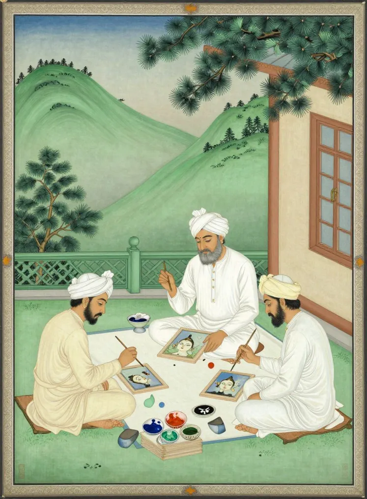 Three adult painters in white robes and turbans seated cross-legged on a hill-house veranda, painting small miniatures, with shells of pigment and green hills behind