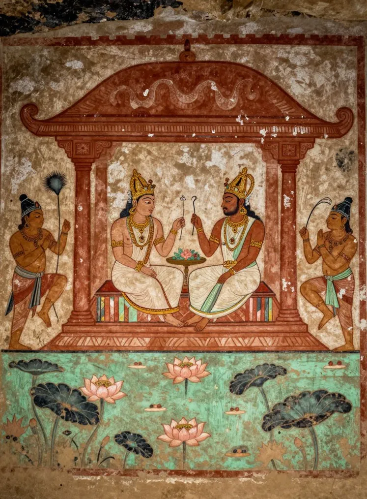 A mural in the style of Ajanta showing a crowned royal couple seated in a pavilion with attendants and a lotus pond