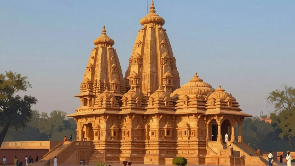 Sandstone temple spires in the nagara style glowing at golden hour, with visitors on the lawns below