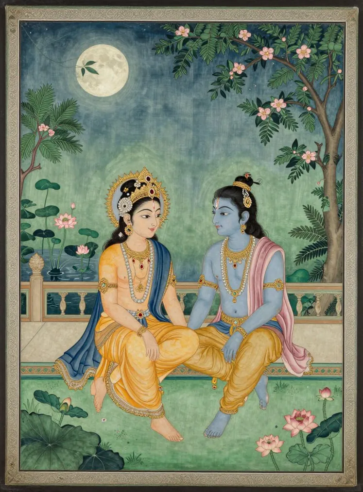 Radha and Krishna seated together on a moonlit terrace beside a lotus pond, in the Pahari manner