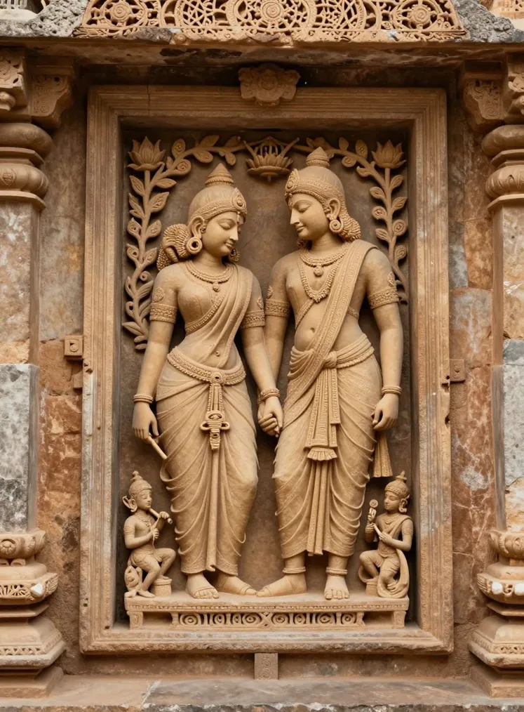 A sandstone temple doorway relief of a couple standing side by side with hands joined, the woman in a sari and the man in a dhoti and shawl