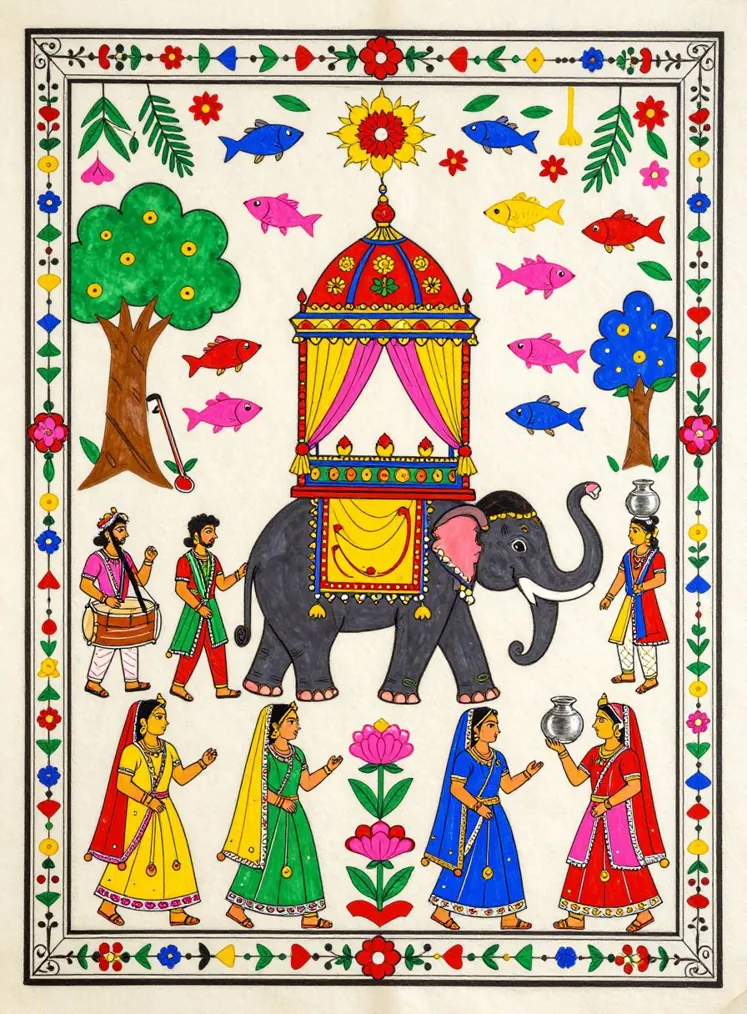 A brightly coloured Madhubani painting of a wedding procession with a canopied palanquin on an elephant, a drummer, women carrying water pots, and fish and flowers filling the spaces