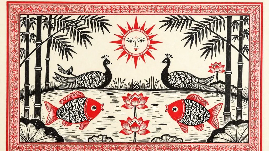 A Madhubani painting of two fish, two peacocks, a radiant sun and lotus flowers between bamboo groves, inside a red patterned border