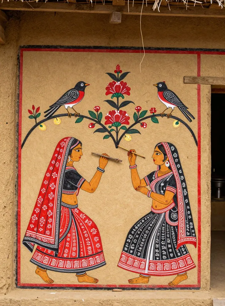 A mud wall of a village house painted with two women in red and black saris holding brushes beneath a flowering branch with two birds