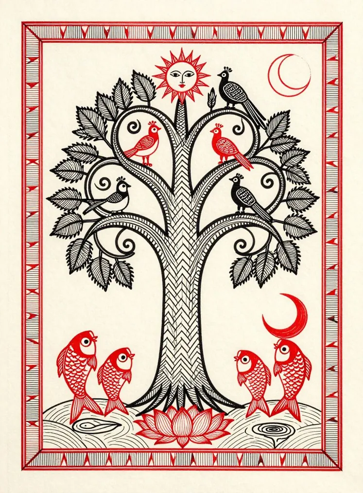 A black and red line drawing of a tree of life with peacocks and parrots on curling branches, fish and a lotus at its roots, and a sun with a face