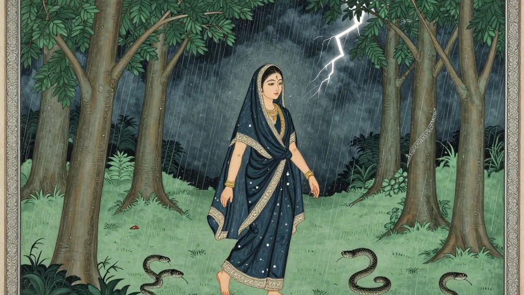 A woman in a dark blue veil walking calmly through a rainy forest at night, lightning overhead and snakes in the grass, in the Pahari manner