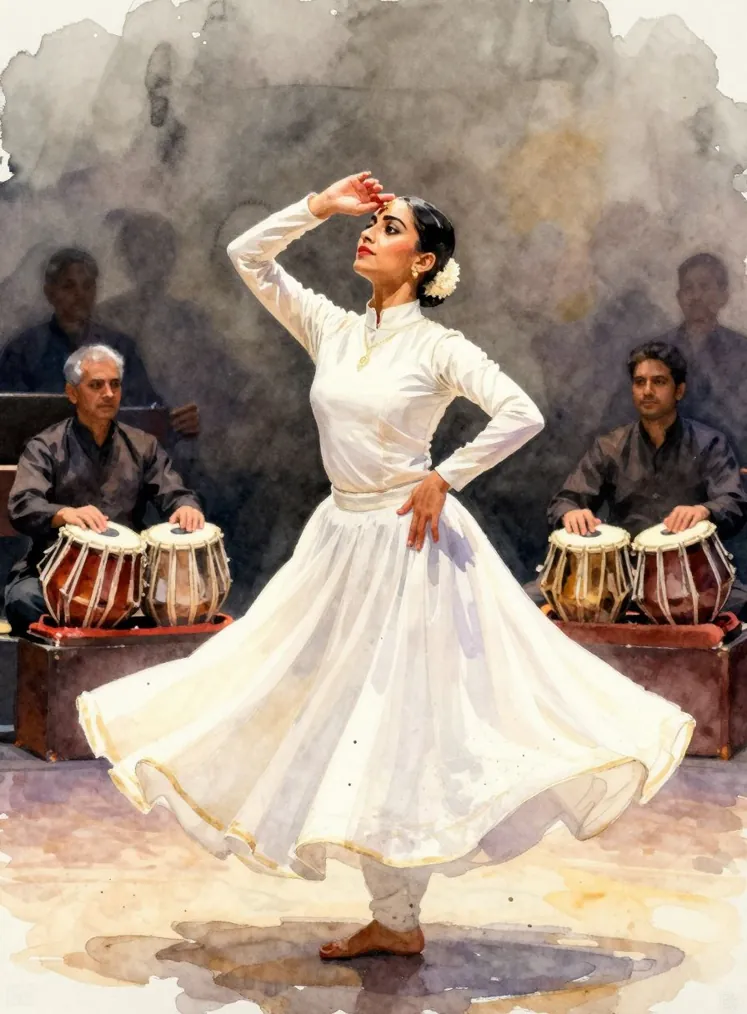 A Kathak dancer in a long-sleeved white costume raises one hand to her brow and gazes into the distance, tabla players seated behind her