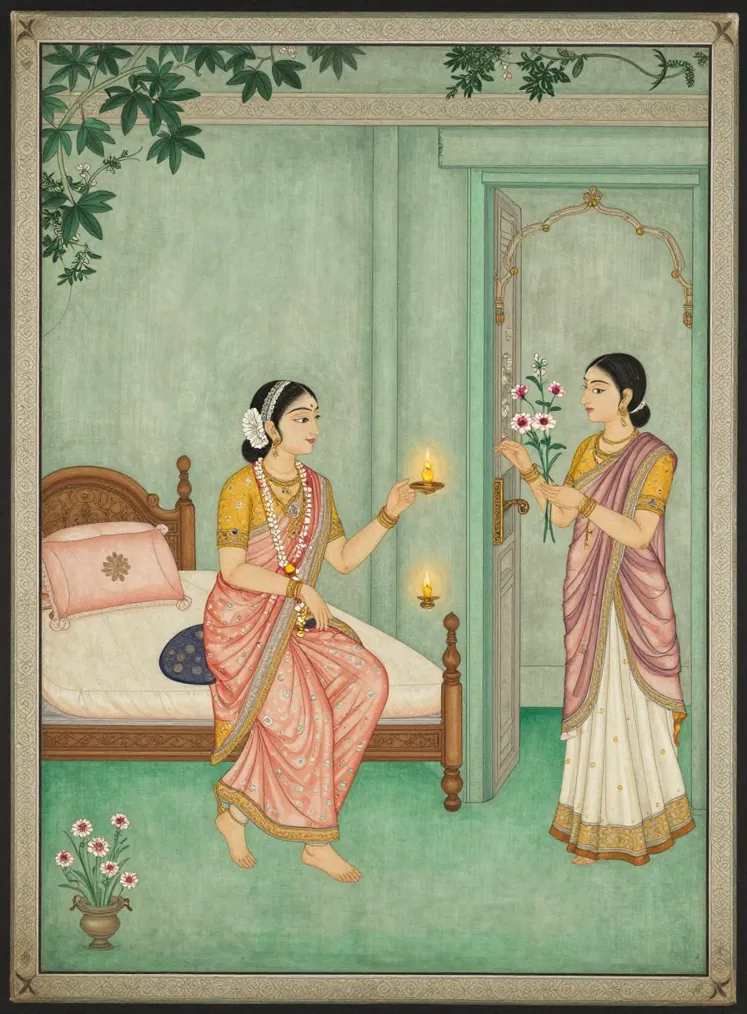 A woman in a pink sari holds a small oil lamp in a lamplit room while a companion arrives at the doorway with flowers, in the Pahari manner