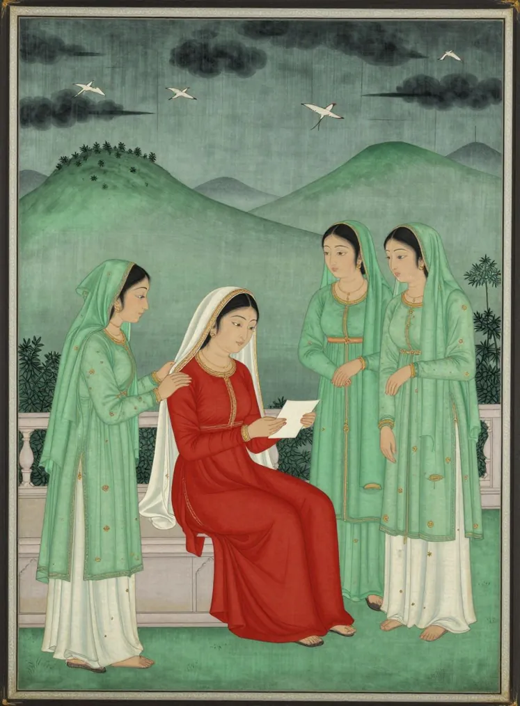 A woman in a long red dress and white veil sits on a palace terrace reading a letter while three companions in green gently try to console her, rain clouds and cranes over green hills