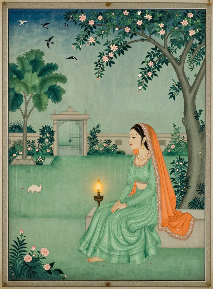 A woman in a long green dress and orange veil sits on a garden terrace at dusk under a flowering tree, an oil lamp beside her, gazing toward a distant gate