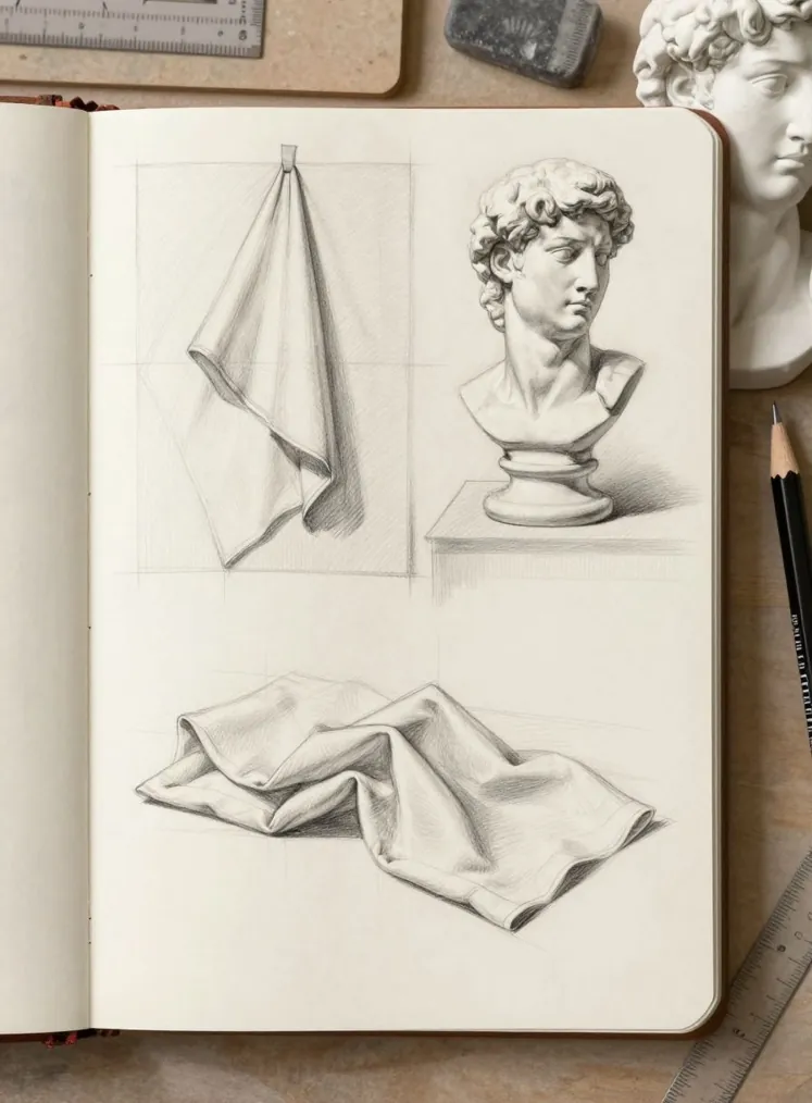 An open sketchbook with pencil studies of hanging and folded cloth and a plaster cast of a classical head, beside pencils and a ruler