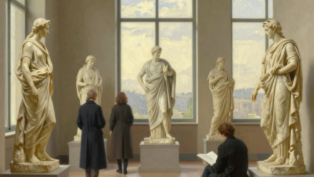 A sunlit museum sculpture gallery with robed classical marble statues on plinths, visitors in long coats looking at them and a student sketching on a stool
