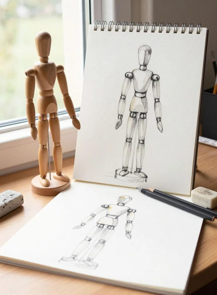 A wooden artist’s mannequin standing on a desk beside a sketchbook of pencil studies of the same mannequin