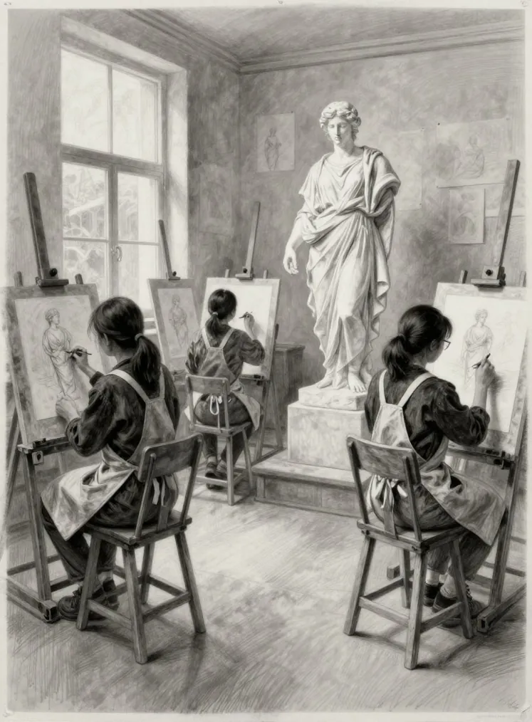 A charcoal drawing of an art school studio seen from behind: students in aprons at wooden easels drawing a plaster cast of a classical figure wrapped in robes