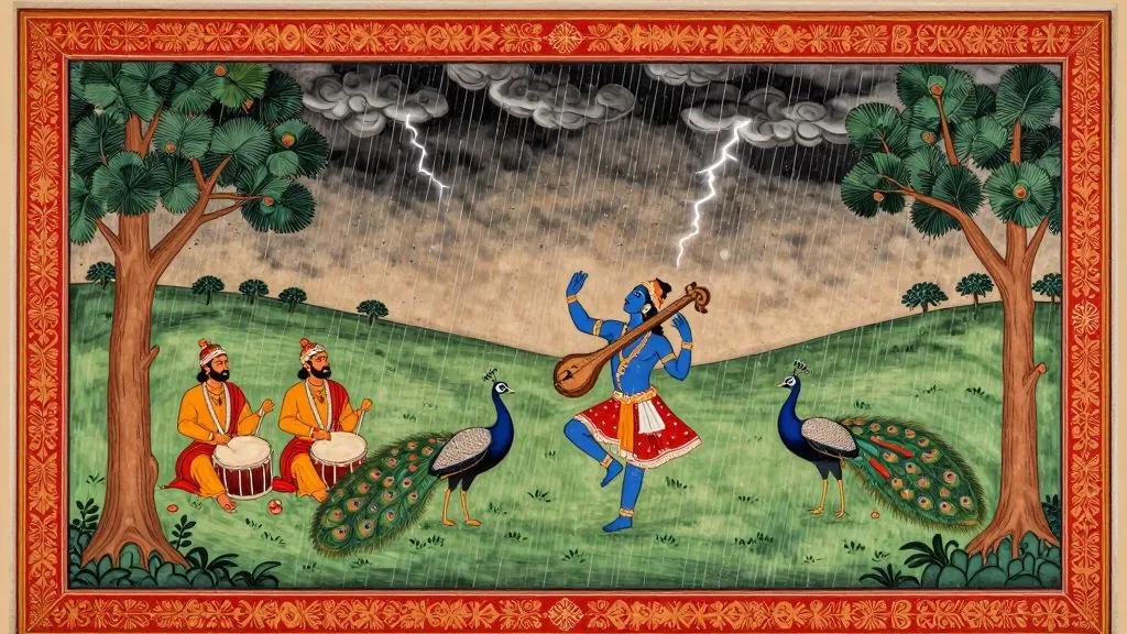 A Rajput-style miniature of the monsoon raga: two drummers and dancing peacocks in the rain under dark clouds and lightning, a blue-skinned figure dancing with a vina