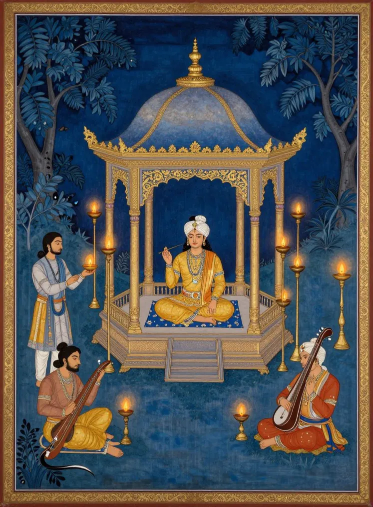 A miniature on a deep blue night ground: a prince sits in a golden pavilion surrounded by tall lit lamp stands, an attendant carries a lamp and two musicians play vinas