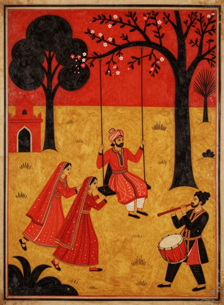 A Malwa-style miniature on a red ground: a turbaned prince sits on a swing hung from a flowering tree, two women in red veils push it and a musician plays drum and flute