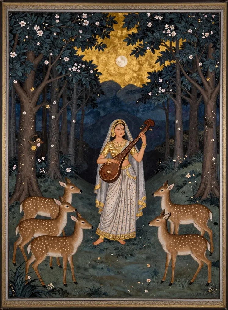A Deccani-style miniature of a woman in a white and gold sari playing a vina in a moonlit forest while five spotted deer gather around her