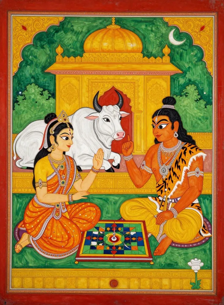 Shiva, in a tiger-skin garment, and Parvati, in an orange sari, sit on a terrace playing a board game, Parvati raising her hand in protest, the white bull Nandi resting behind them