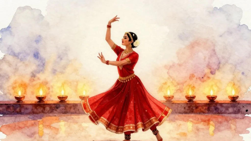 A classical dancer in a flowing red costume holds an expressive pose on a stage lined with glowing oil lamps
