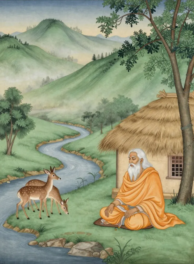 An elderly hermit with long white hair and beard, wrapped in a saffron shawl, meditates outside a thatched hut beside a winding river, two deer grazing nearby and misty green hills behind