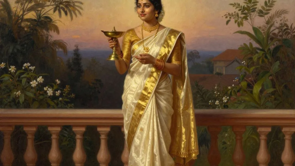 A woman in a cream and gold Kerala saree stands on a veranda at dusk holding a brass oil lamp, a garden and tiled roofs behind her