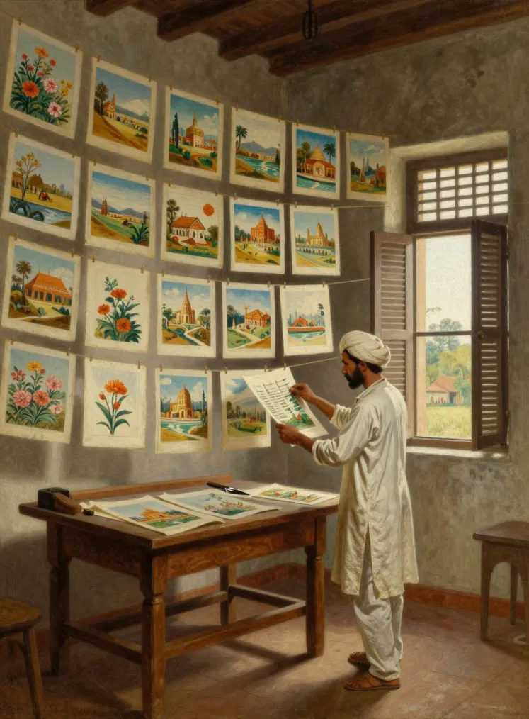 Rows of freshly printed colour pictures of flowers, temples and landscapes hanging from strings to dry in a sunlit room, a workman in a white kurta and turban checking one sheet