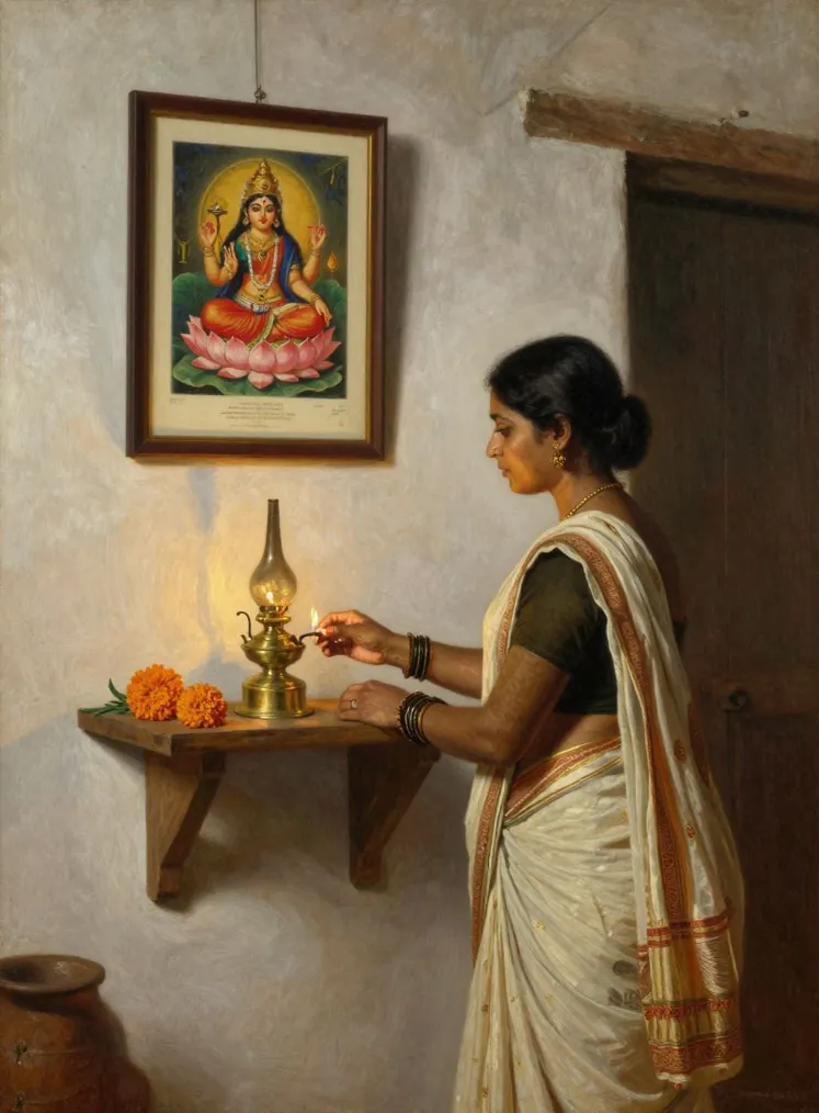 A woman in a white saree and dark blouse lights a brass lamp on a small wall shelf with marigolds, beneath a framed colour print of a goddess seated on a lotus