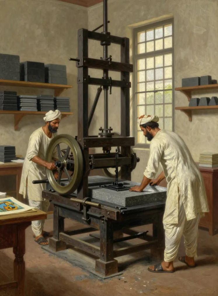 Two workmen in white kurtas and turbans at a heavy iron flatbed press with a large flywheel, inking a slab of grey limestone, with shelves of printing stones behind them