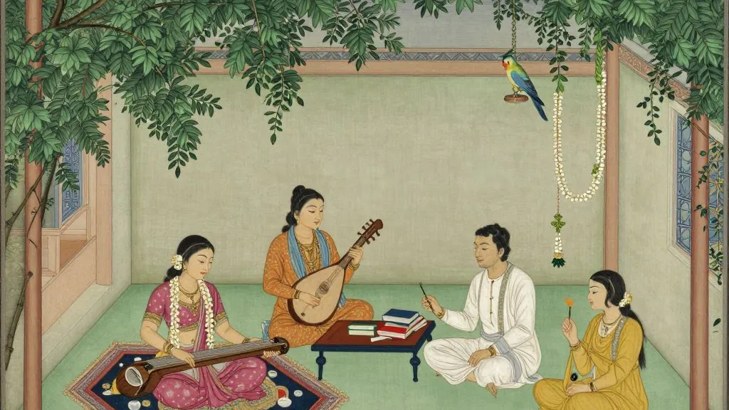 A courtyard under leafy trees where a woman plays a veena, another a lute, a man paints on a small board and a fourth person holds a flower, with jasmine garlands and a parrot on a hanging perch