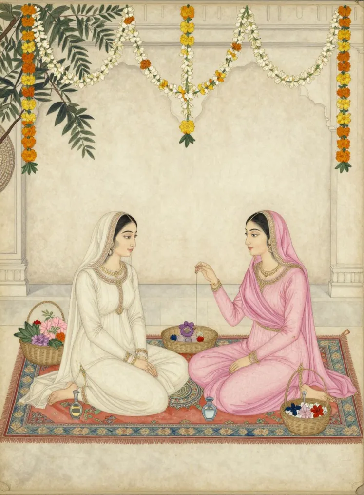 Two women in long dresses and veils sit facing each other on a patterned carpet, stringing flowers, with baskets of blossoms and small glass perfume bottles, garlands of jasmine and marigold hanging above
