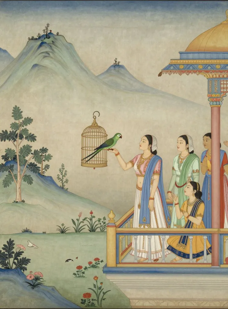 A woman on a palace balcony holds up her hand for a green parrot, beside an empty birdcage, as three companions watch; blue-green hills and flowering plants below