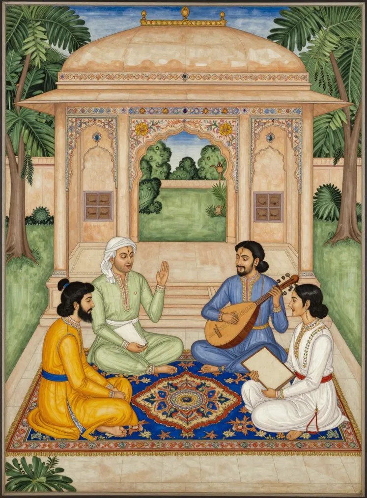 Four friends sit on a blue carpet before a garden pavilion; one recites with a raised hand, one plays a lute and one holds a drawing board