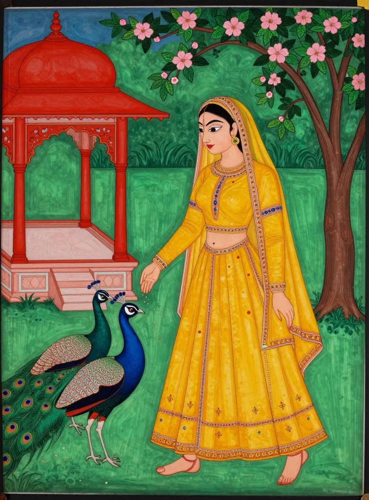 A woman in a yellow skirt, long-sleeved bodice and veil feeds grain to two peacocks beside a red pavilion, on a flat bright green ground under a flowering tree